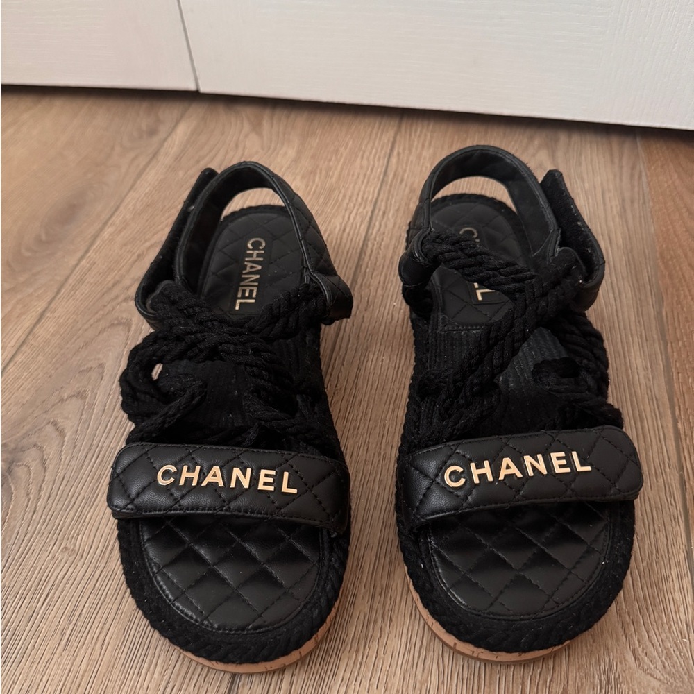 Chanel Black Quilted Sandals with Gold Accents Dad Sandals 39 9